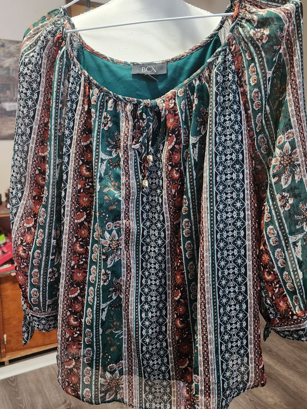 BCX Women's Green Floral Peasant Blouse Sz Lrg